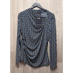 Halston Blue Black Print Long Sleeve Blouse Women Size Medium
